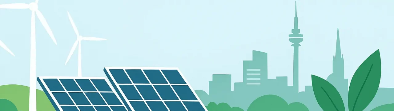 Header-Bild für eine Kontaktseite, Thema Bürgerenergie und Nachhaltigkeit, mit Elementen wie Windrädern, Solaranlagen, grünen Akzenten, Dortmund-Skyline im Hintergrund,